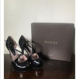Black Patten Leather Gucci Venice Platform Heels